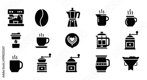 15 Coffee icons featuring espresso machine, grinder, bean and moka pot, outline solid styles, UI and web interface design