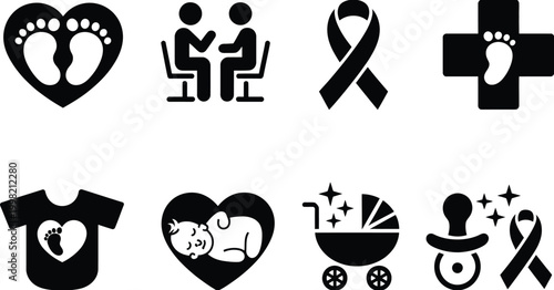 Baby care, family, medical, and awareness icon collection in modern flat vector style. Clean illustration set for healthcare, parenting, wellness, and social awareness design projects.
