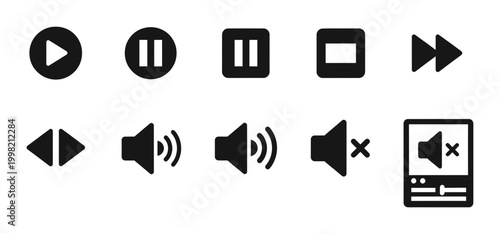 10 Media Player icons including play pause stop volume and mute, outline solid styles, UI and web interface design