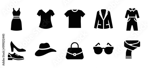 10 Clothing icons dress t-shirt jacket shoes hat bag sunglasses, outline solid styles, UI and web interface design