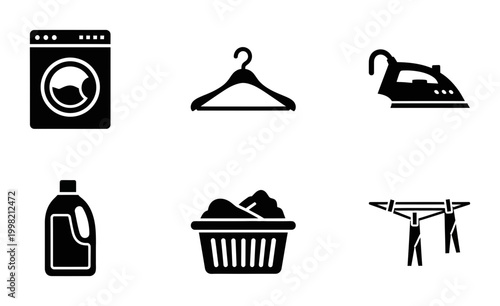 6 Laundry icons washing machine, hanger, iron, detergent bottle, basket, outline solid styles, UI and web interface design