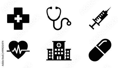 6 Medical icons hospital stethoscope syringe heart pill, outline solid styles, UI and web interface design