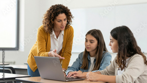 A teacher assists two students with a laptop.