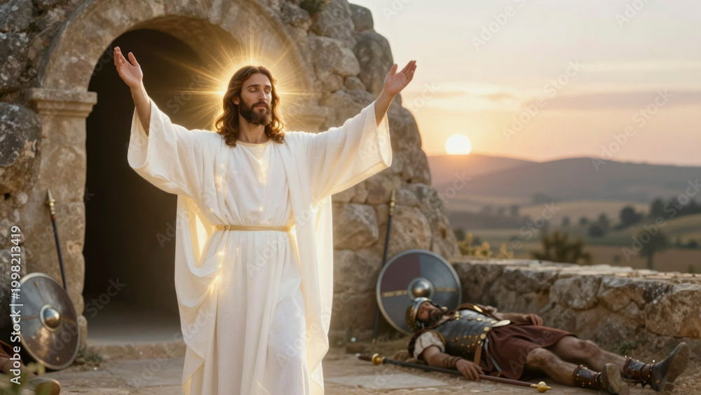 Obraz premium Jesus stands with arms raised near a tomb.. Jesus of Nazareth, Bible scenes