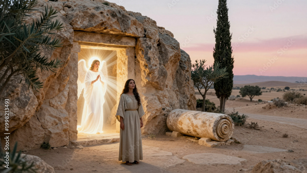 Naklejka premium A woman stands before an angel in a cave.. Jesus of Nazareth, Bible scenes