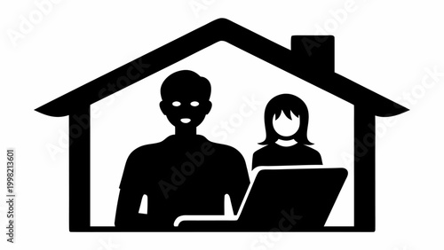 Black silhouette vector of a man and woman working on laptop inside a house
