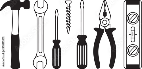 Black and white line of various hand tools including a hammer wrench screwdrivers pliers and level 1