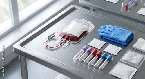 Medical staff prepare blood transfusion equipment on a hospital table near a window
