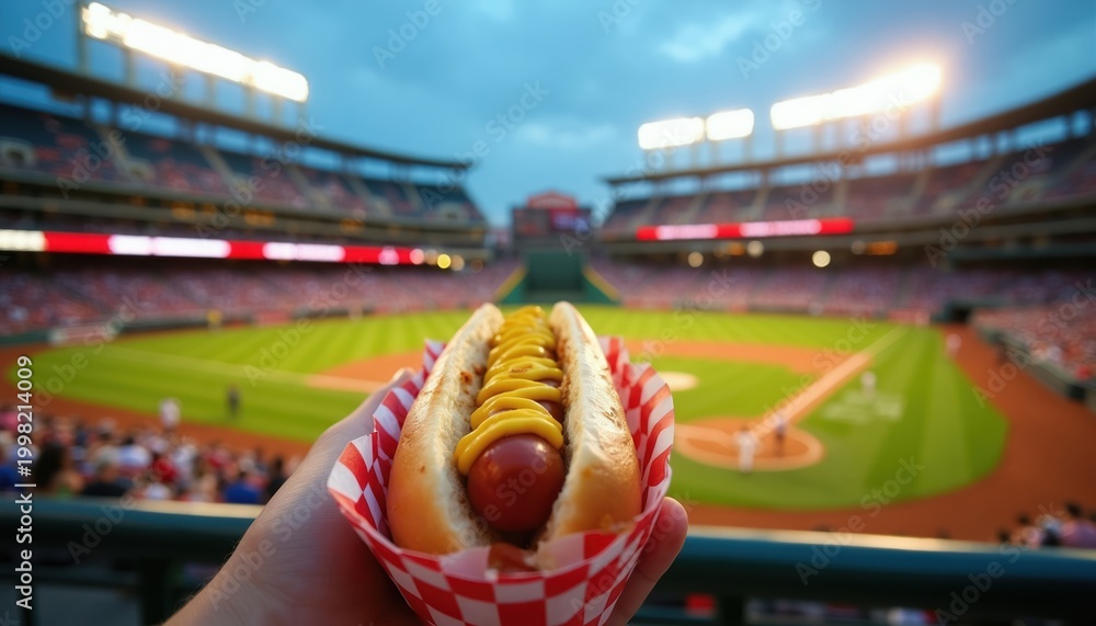 Fototapeta premium Hand holds classic hot dog with mustard at baseball game. Spectators watch game in stadium. Enjoying food at sports event under stadium lights. People cheer, consume snacks.
