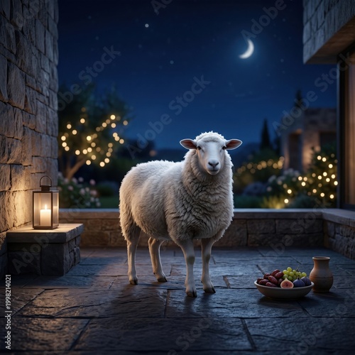 A sheep stands on a patio at night with a crescent moon
