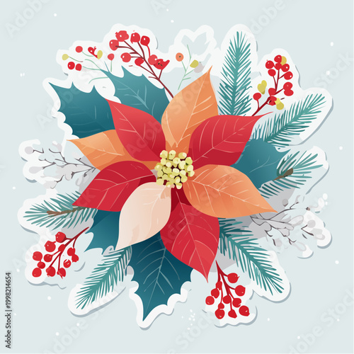 Poinsettia and Holly Christmas Wreath Illustration