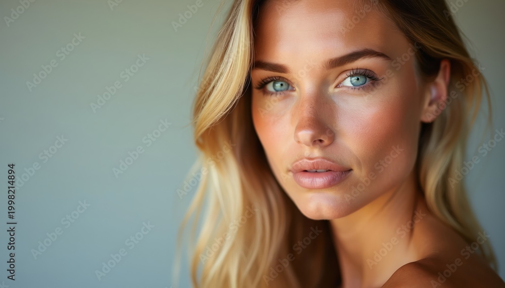 Naklejka premium Blonde woman with blue eyes and natural skin looks at camera. Light studio shot for beauty ad. Copy space available for text. Healthy face. She has freckles.