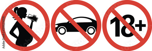 Prohibition sign icon collection including no drinking during pregnancy and 18+ age restriction symbols. Flat vector warning set for safety rules, public health, and regulatory compliance design.