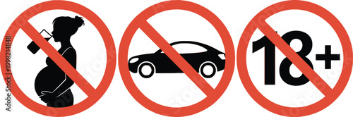 Prohibition sign icon collection including no drinking during pregnancy and 18+ age restriction symbols. Flat vector warning set for safety rules, public health, and regulatory compliance design.
