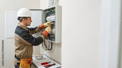 Electrician Installing Electrical Panel with Safety Gloves. Technician Connecting Wires in Electrical Panel