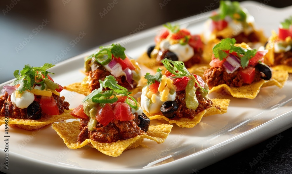 Fototapeta premium Appetizing nacho bites served on white tray