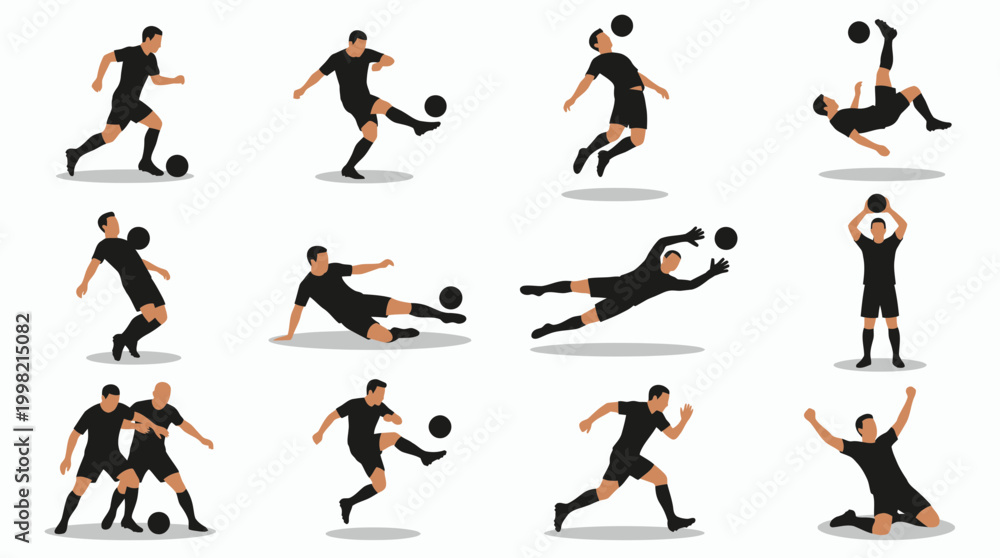 Obraz premium Flat vector illustrations of professional soccer players in various action poses including kicking heading and goalkeeping, illustrating athletic training and sports marketing content