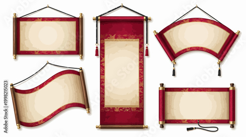 Collection of traditional red Chinese hanging scrolls with ornate patterns and blank aged parchment paper, representing oriental decorations and symbolizing lunar new year celebration