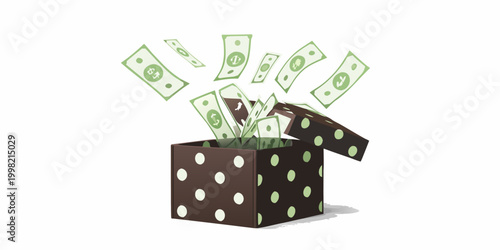 Brown gift box with white polka dots overflowing with money