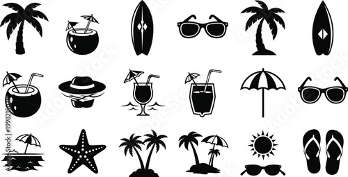 Beach and Vacation Icons Set with Palm Trees, Surfboard, Coconut Drink, Sunglasses, Starfish, and Flip Flops for Summer and Travel Designs