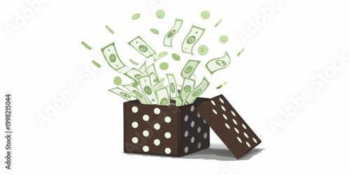 Open gift box with money falling out polka dot pattern