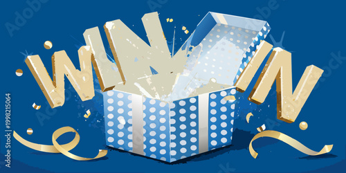 Open gift box with blue polka dots and confetti