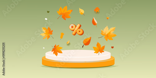 Falling autumn leaves and percent sign on product display platform