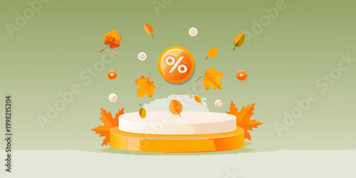 Percent sign with autumn leaves and podium 3d render