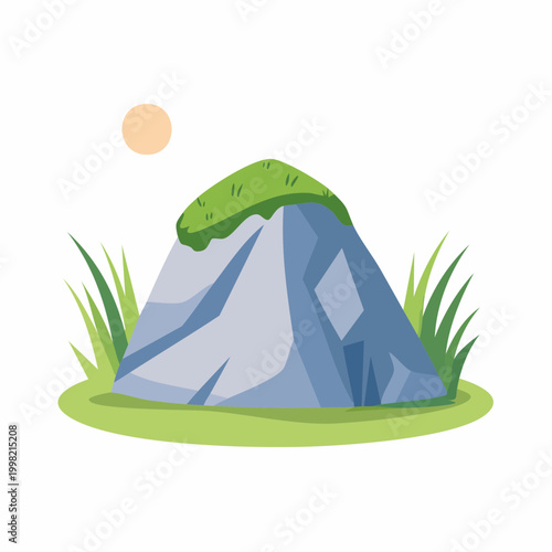 Stylized Rock with Moss and Grass Under a Sun