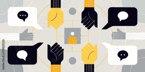 Diverse hands with speech bubbles and communication icons vector illustration
