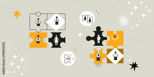 Puzzle pieces with people silhouettes abstract problem solving illustration