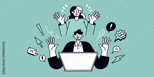 Illustration of frustrated people with laptop and stress symbols