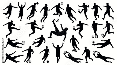 Soccer player silhouettes in various dynamic action poses including kicking jumping and goalkeeping on white background, representing athletic competition and symbolizing sports graphic design