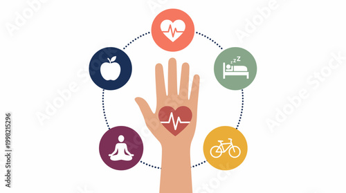 Human hand with heart pulse icon surrounded by healthy lifestyle circles including nutrition exercise sleep and meditation, illustrating holistic wellness and representing health care awareness