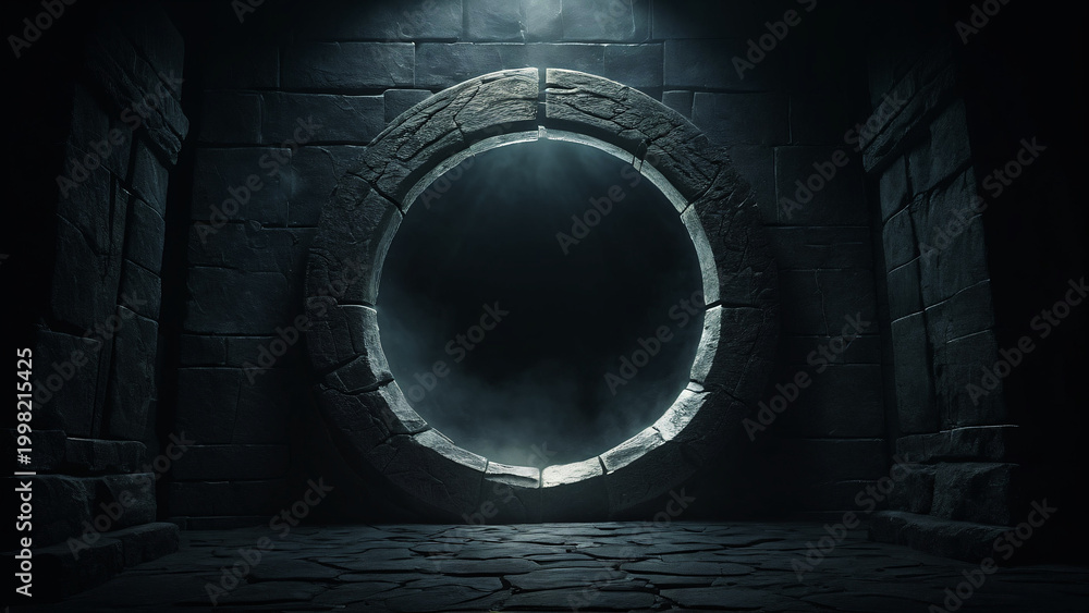 Fototapeta premium Ancient Stone Portal in Dark Underground Tunnel