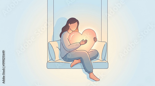 Woman sitting on a bench hugging a large glowing heart | Gentle self-love and compassion concept