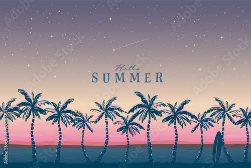 Vector beautiful summer tropical background illustration with palm trees and surfboard, Starry sky and ocean, sunset background.