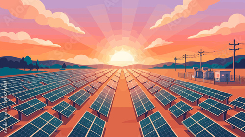 Vibrant illustration of solar panels array in a desert landscape under a colorful sunset sky, Sustainable energy concepts and illustrating renewable power infrastructure