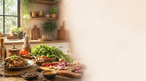 Gourmet dishes and ingredients on a wooden table in a kitchen