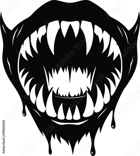 Monster mouth silhouette with sharp teeth and dripping saliva black and white high quality professional detailed