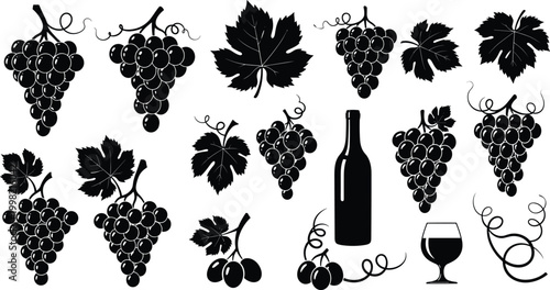 Grape and Wine Icons Set with Grapes, Wine Bottle, Glass, Vine Leaves, and Wine Elements for Vineyard, Harvest, and Drink Designs