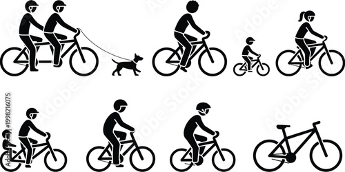 Collection of cycling activities and bicycle illustrations in simple black silhouette style. Vector set showing riders, bikes, and cycling motion for sports, fitness, and outdoor activity design.