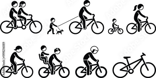 Collection of cycling activities and bicycle illustrations in simple black silhouette style. Vector set showing riders, bikes, and cycling motion for sports, fitness, and outdoor activity design.
