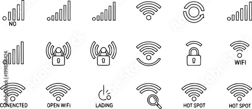 WiFi Signal and Connectivity Vector Icon Set Minimalist Line Art 16 Grid
