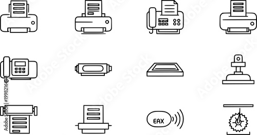 Printing and Fax Machine Vector Icon Set Minimalist Line Art 9 Grid
