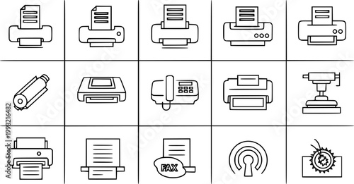 Printing and Fax Machine Vector Icon Set Minimalist Line Art 9 Grid
