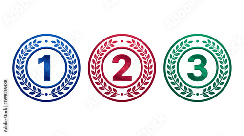 Set of three ranking badges with numbers one, two and three in blue, red and green colors decorated with laurel wreaths on white background, symbolizing achievement and competition success
