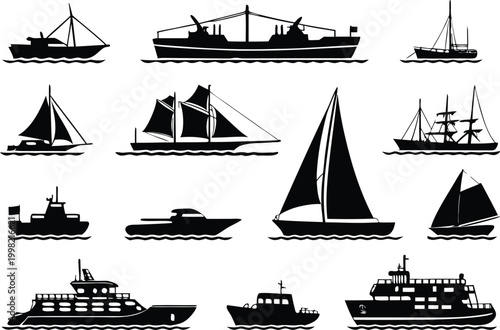 Set of black silhouettes of various ships and boats including sailboats and cruise vessels