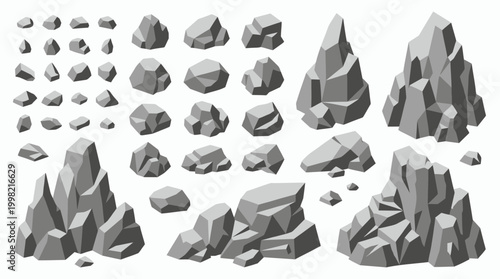 Large set of grey low poly rock and mountain boulder collection in flat geometric vector style on white background, provides game asset design, illustrating natural landscape environments