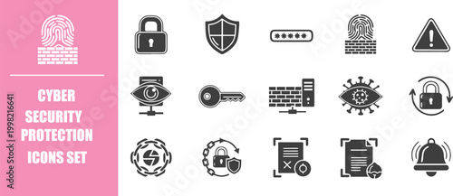 Cyber Security Protection Icons Set with Firewall Lock Shield Password and Data Safety Symbols in Clean Minimal Outline Style for Web App UI and Infographic Vector Illustration